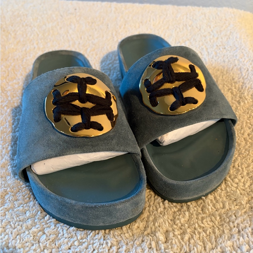 Tory Burch Teal Suede Patos Slide Sandals with Gold Logo Medallions